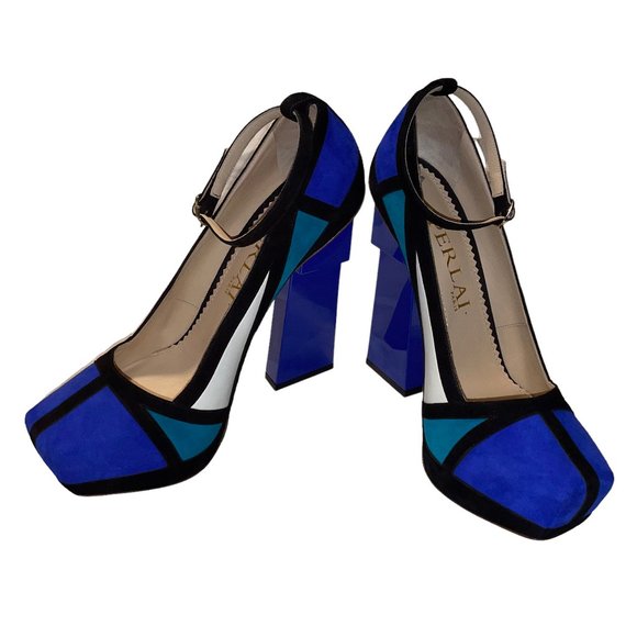 New Aperlai Geisha Mondrian Blue Suede Platform Heels Pumps Sz 38.5 Designer - Picture 5 of 13